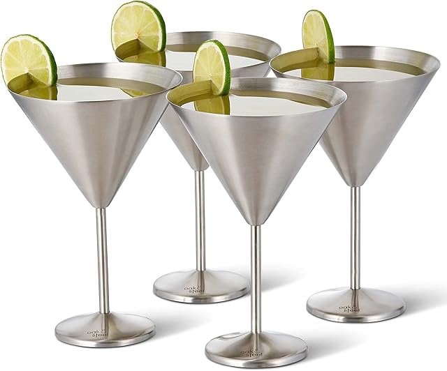 Oak & Steel - 4 Stainless Steel Silver Martini Cocktail Party Glasses, 460ml - Unbreakable Glass for Valentines Wedding Set