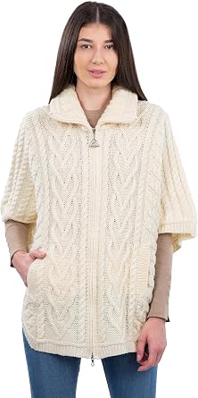 SAOL Irish Cardigan for Women Made of 100% Merino Wool Ireland Poncho with Front Pockets