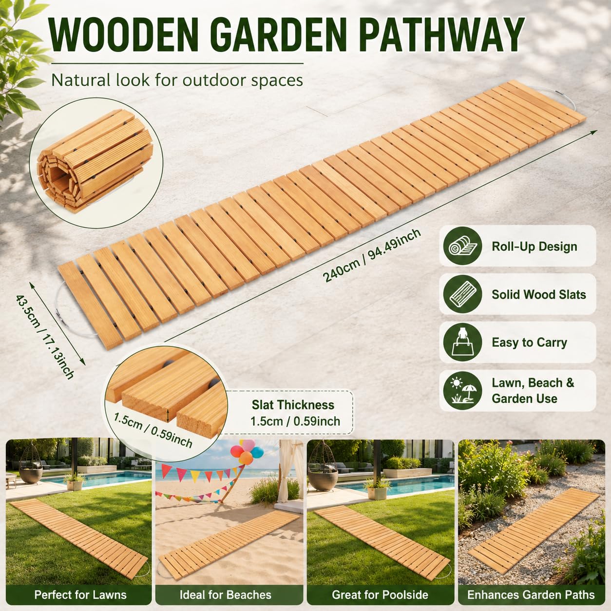 Passerella da giardino in legno pieghevole, vialetto di terrazza, vialetto decorativo da giardino, per terrazzo, cortile, 240 x 43,5 cm