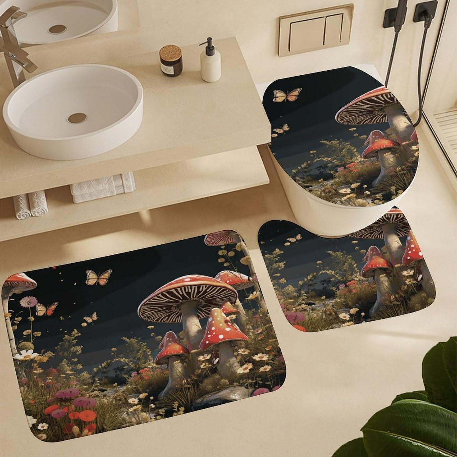 Fairy Tale Style Mushrooms 4Pcs Shower Curtain Set with Non-Slip Rugs, Toilet Lid Cover and Bath Mat,Bathroom Set Decor Accessories,Curtain Set with 12 Hooks, 72 X 72 Inch
