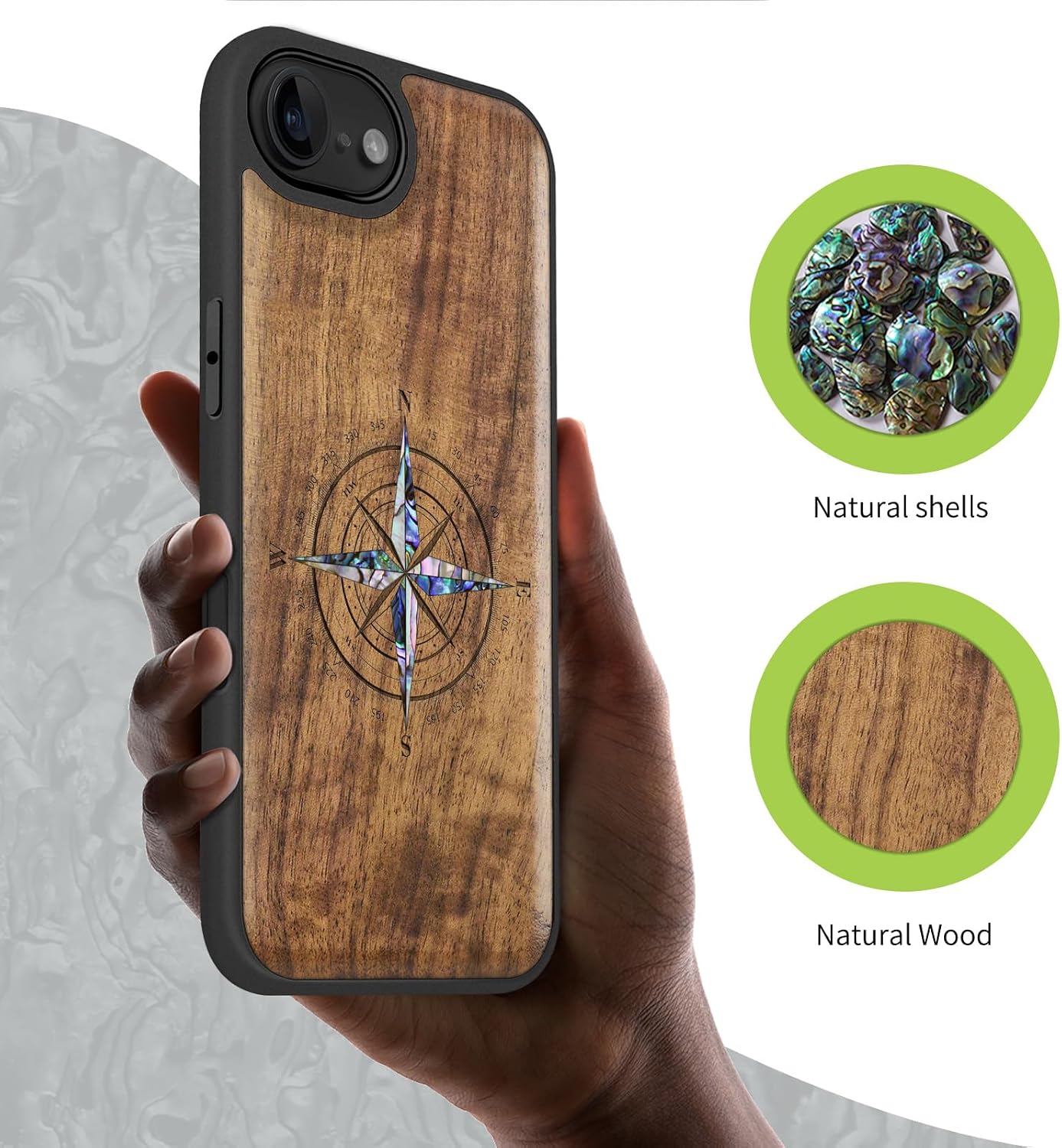 Carveit Magnetic Wooden Case for iPhone 16e / 17e, Wood Artisan Engraved & Handmade Shell Inlaid, TPU Shockproof Cover, Compatible with MagSafe Wireless Chargers, Shell Compass - Walnut