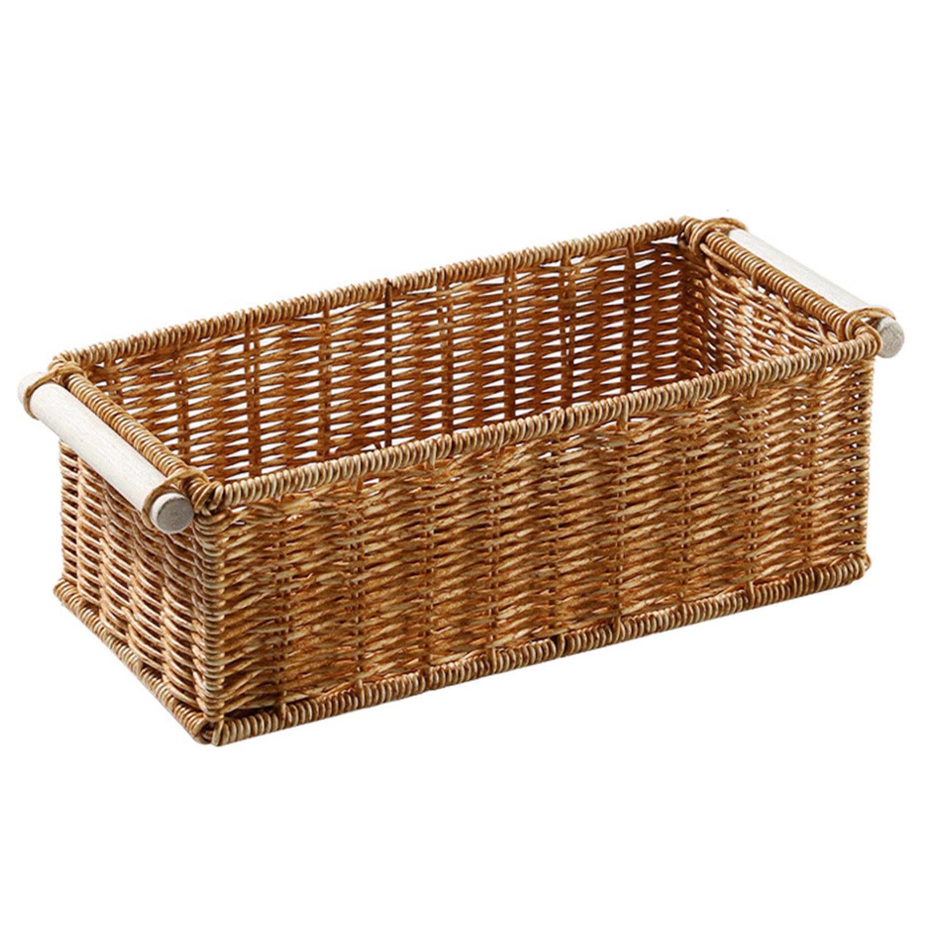 Hotainoys Imitation Rattan Basket, 12x6x4 Inch Hollow-Out Wicker Basket with Wooden Handle, Rectangular Bread for Food, Fruit, Vegetables, Kitchen, Shelves, Bedroom Wicker