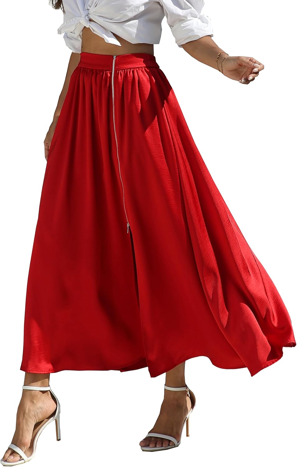 Zip Wrap Skirt with Pockets Elastic Waist Slit Satin Maxi A-Line Flowy Skirt Formal Work Wedding Guest Cocktail Party