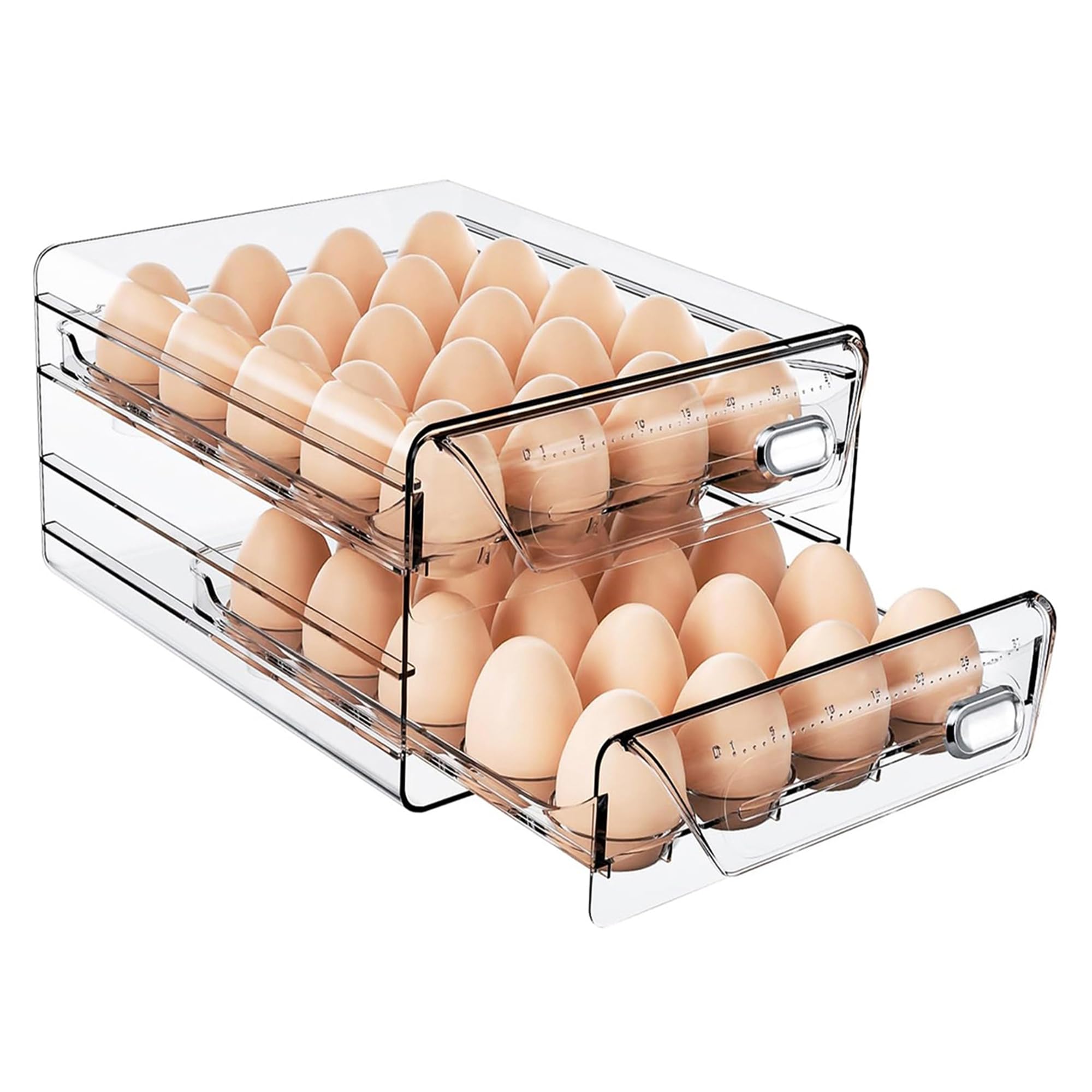 HIYOHIYO Soporte para huevos de 40 rejillas para refrigerador, contenedor de huevos de PET transparente con escala de tiempo, cajones apilables de polipropileno de grado comestible, bandeja