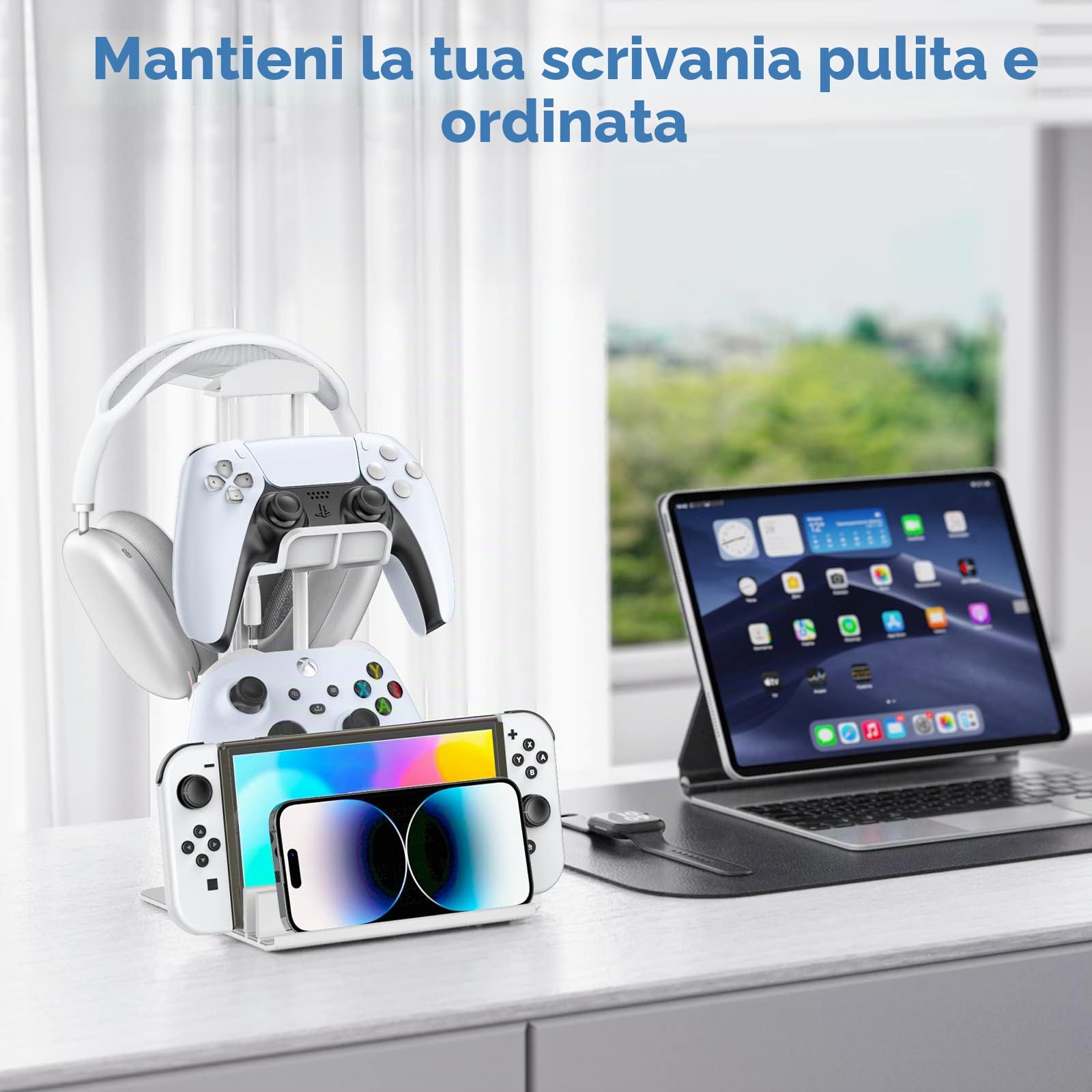 KDD Porta Cuffie Gaming da Scrivania in Alluminio, Stand Supporto Universale per Controller/Switch/iPad/Telefono, Bianco