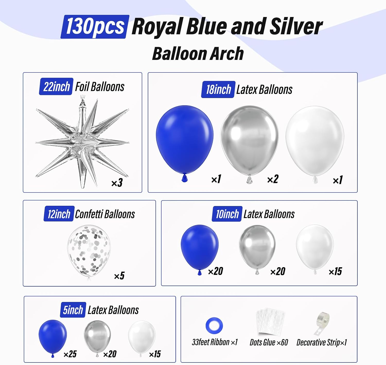 FOTIOMRG 131pcs Royal Blue and Silver Balloon Arch Garland Kit | Royal Blue White Silver Confetti Balloons, Wedding, Graduation, New Year, Retirement, Birthday Party Decorations