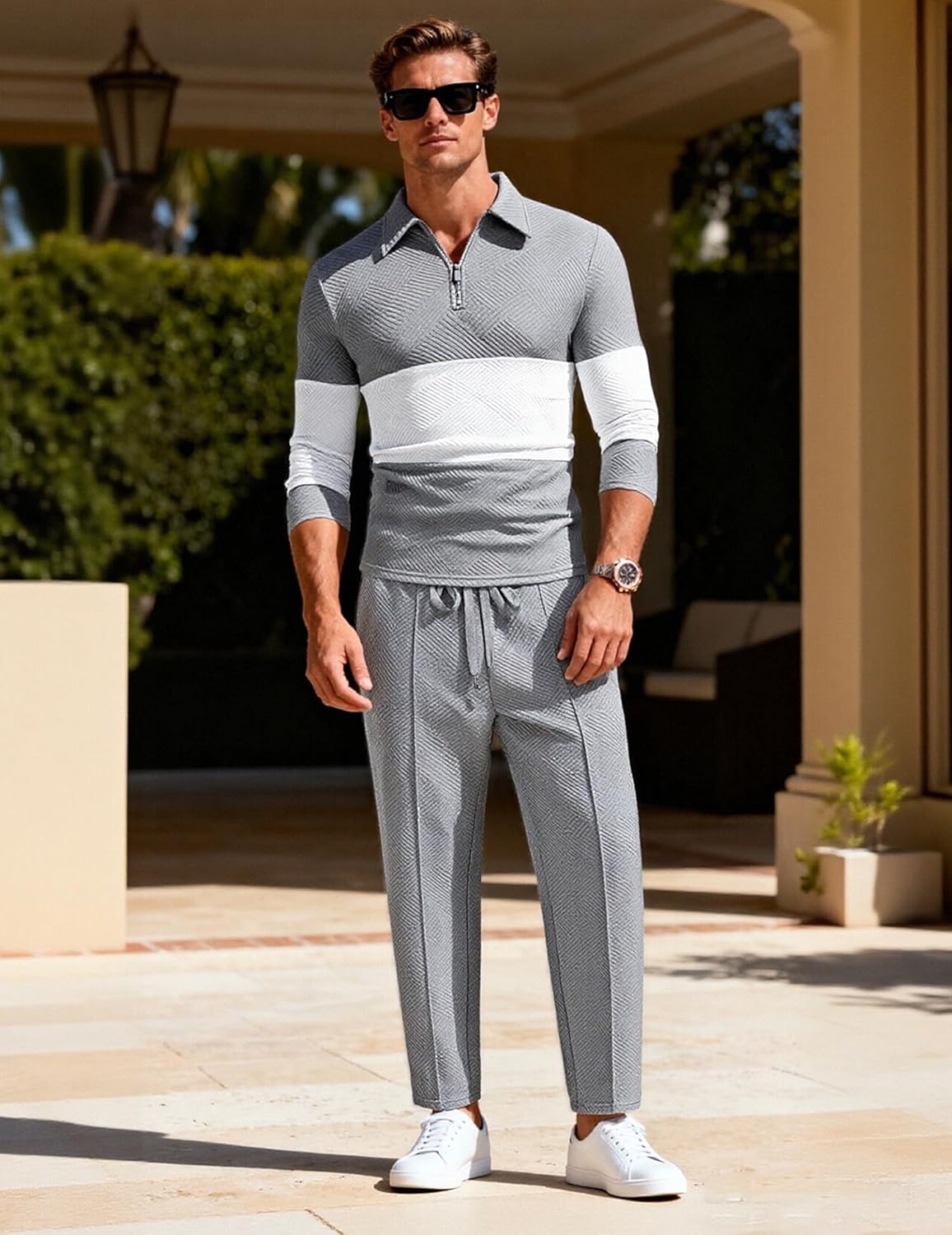 UOUA Mens 2 Piece Set Casual Outfits 1/4 Zip Polo Long Sleeve Shirt & Pants Track Suit Loungewear Athletic Sweatsuit - Image 3