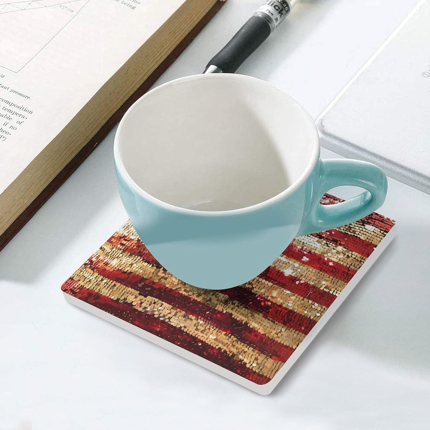 Sequin Pattern U.S. Flag Funny Ceramic Coasters for Drink Absorbent Cup Holders Tabletop Protection