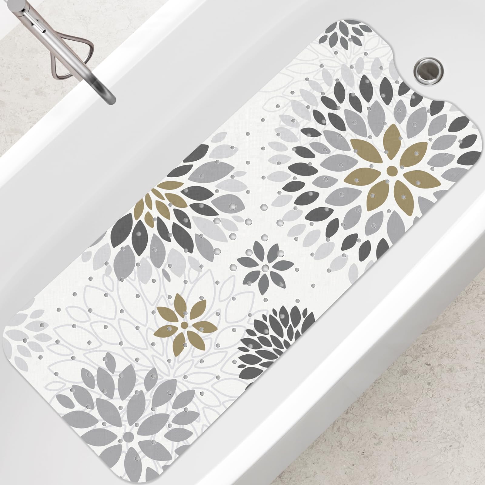 SHUCHING Tapis de Bain Antidérapant pour Adultes, Tapis de Baignoire Antidérapant 100 x 40cm, Tapis de Douche sans BPA Lavable en Machine et Résistant à la Moisissure, Fleurs Grises
