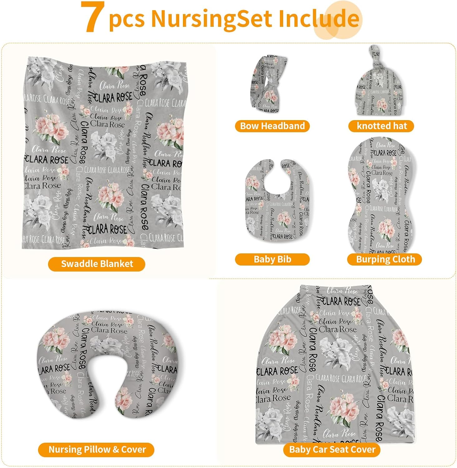 Custom Baby Nursing Swaddling Set: Personalized Custom Name Swaddle Blanket Car Seat Cover Bow Headband Hat Nursing Pillow for Infant Girl Boy Flowers Pattern