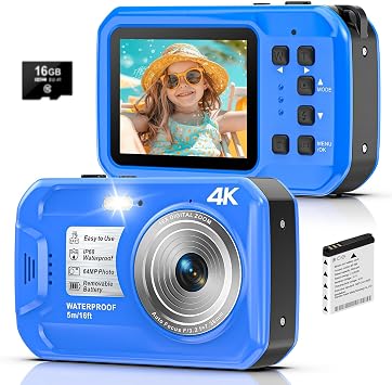 4K Underwater Camera, 64MP 16FT Waterproof Digital Camera with 16GB Card, Autofocus Floatable Waterproof Camera with IPS HD Screen, 16X Digital Zoom, Fill Light, for Snorkeling, Surfing, Swimming