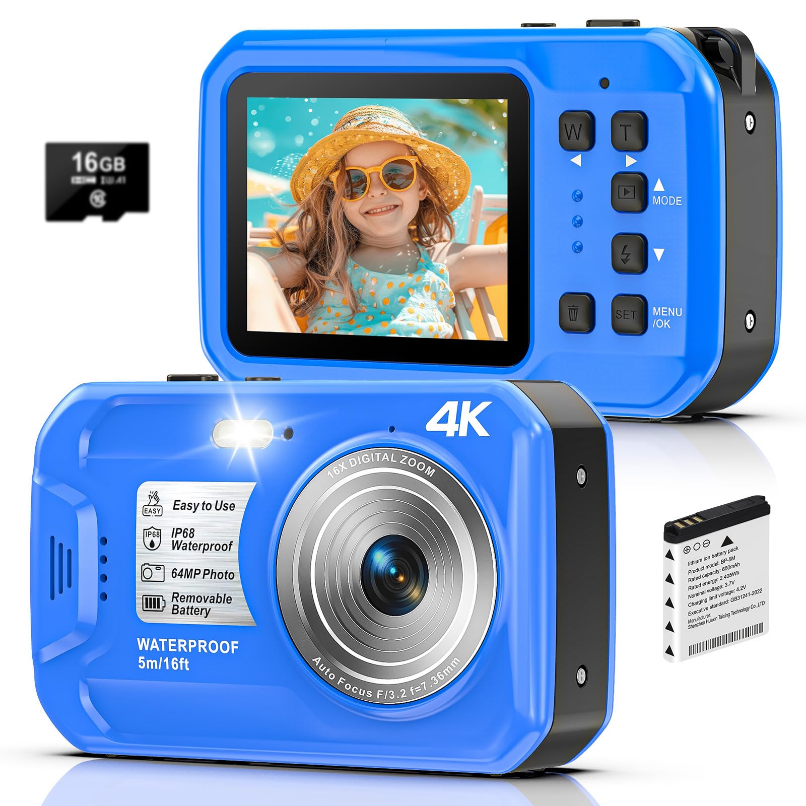 4K Underwater Camera, 64MP 16FT Waterproof Camera, 16GB Card, Blue