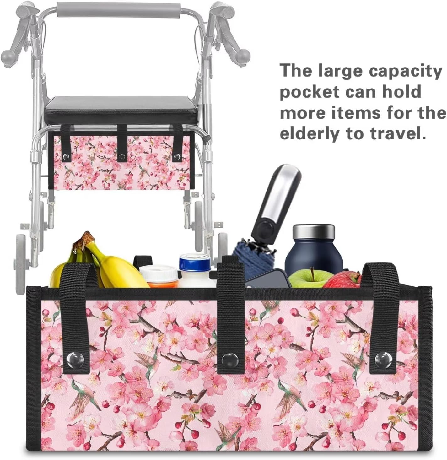 Walker Basket Under Seat Rollator Storage Bag, Reusable Basket for Walkers for Seniors Detachable Folding Walker Accessories- Bird Flowers