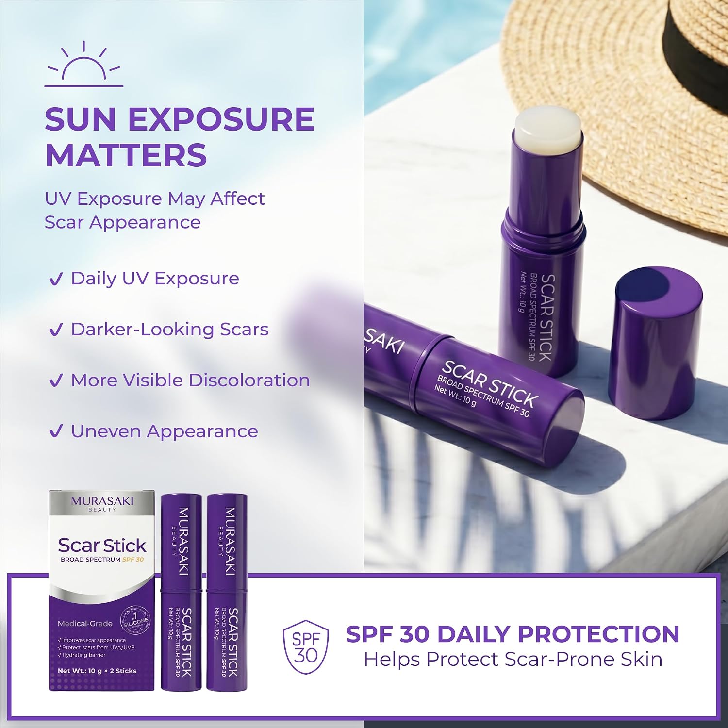 Silicone Scar Stick SPF 30 - Scar Care Stick for Surgical Scars, C-Section, Burns, Stretch Marks & Acne Marks with Silicone, Vitamin E & Botanical Oils, 10g x 2 Sticks