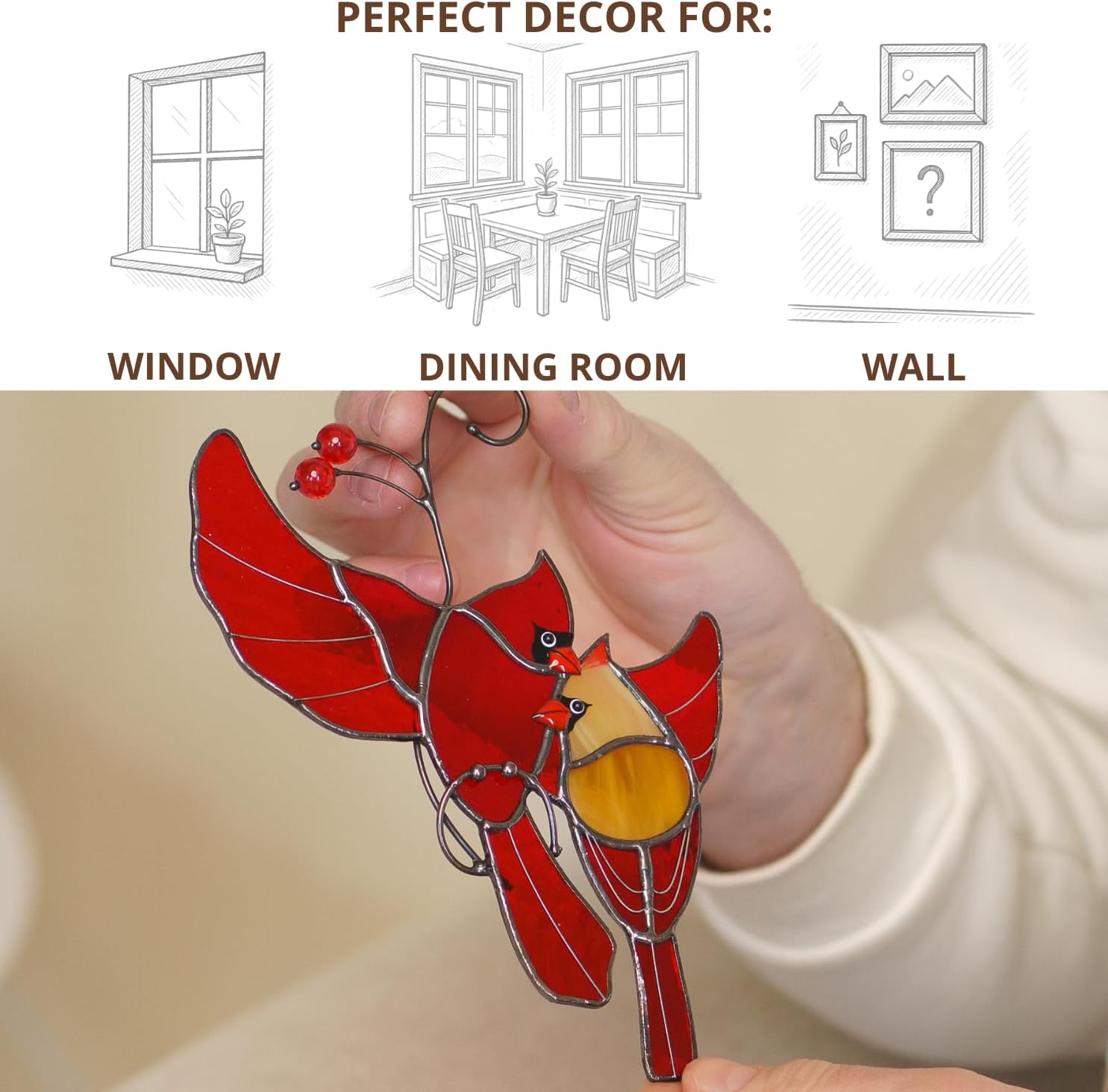 Cardinals Birds Stained Glass Suncatcher Genuine Stained Glass Window Hangings Unique Indoor Ornament & Outdoor Decor (Hugging Cardinals)