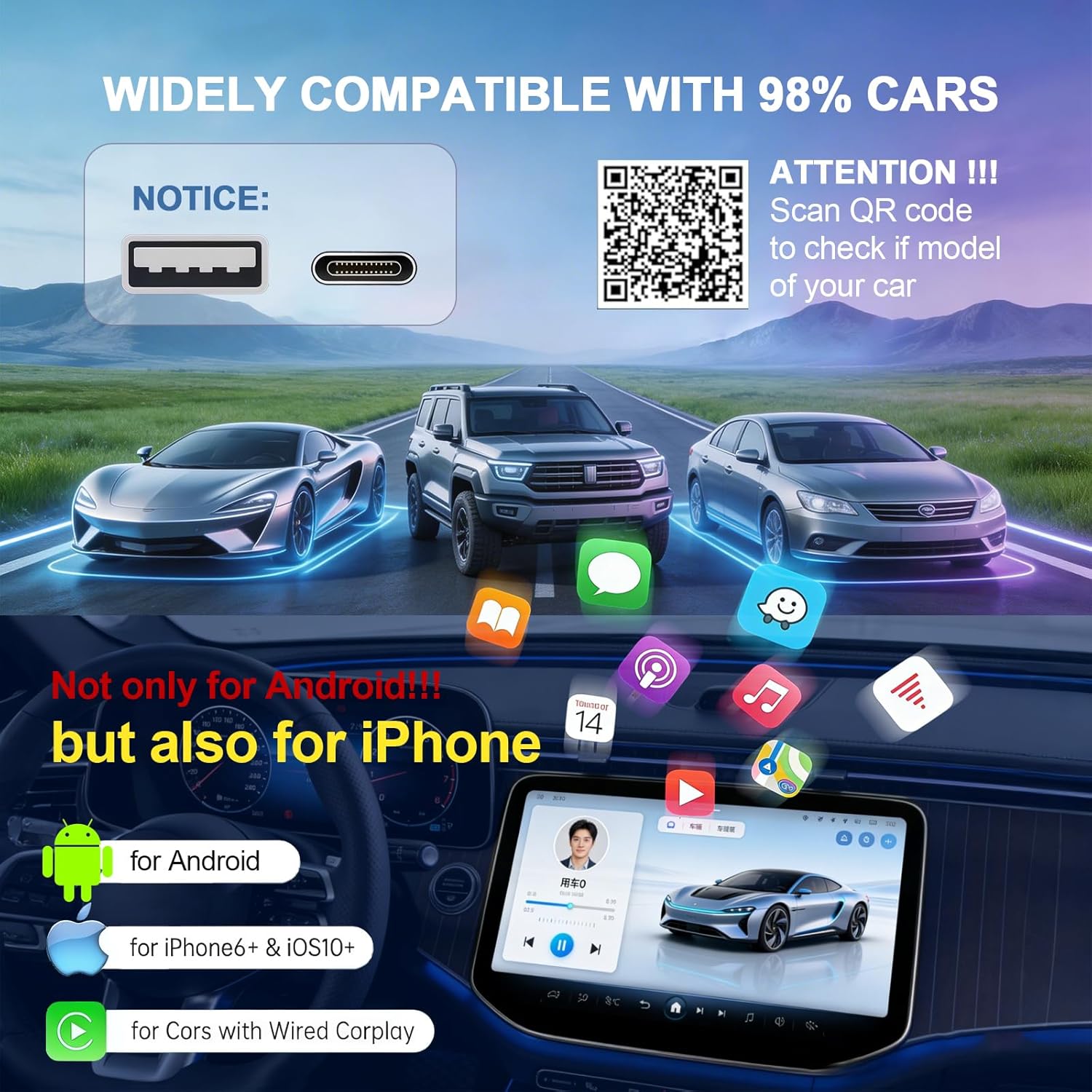 2026 Newly Upgraded Wireless CarPlay Adapter: Plug and Play, Stable Connection Without delay-Wired to Wireless, Compatible with Apple iPhone and Android Devices.