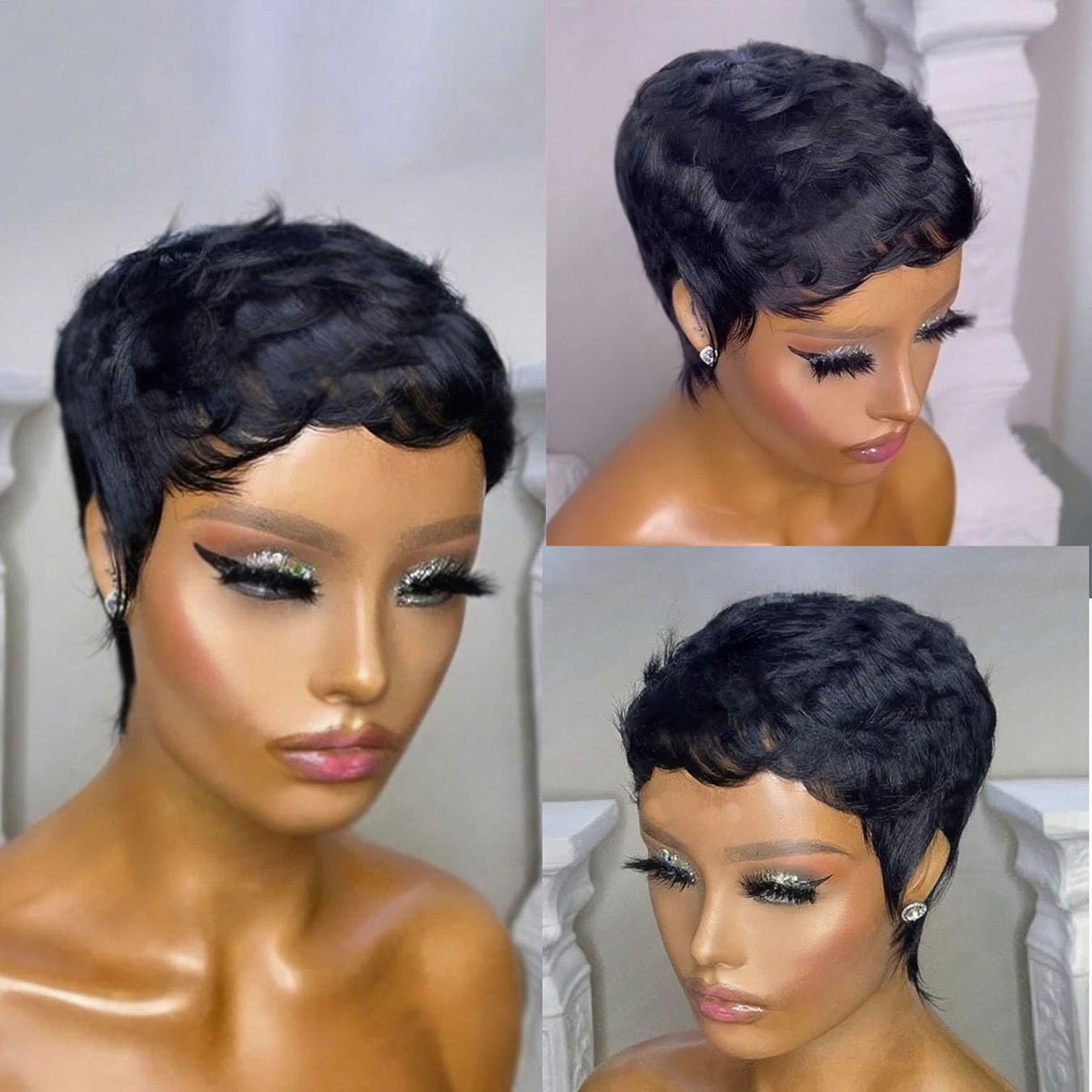 Short Wigs for Black Women Pixie Cut Human Hair Wigs Natural Looking Short Layered Human Hair Wig with Bangs Glueless Wear and go Wig Natural Black Color 1B