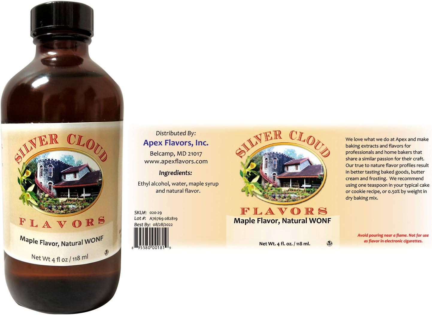 Maple Extract, Natural WONF - 4 fl. oz. glass bottle