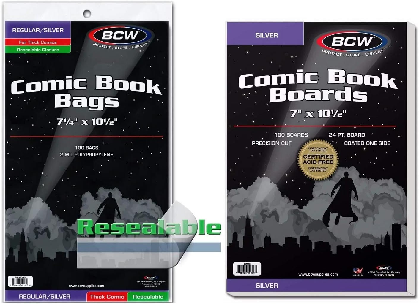 100 BCW RESEALABLE Silver Thick Comic Bags & Backer Boards