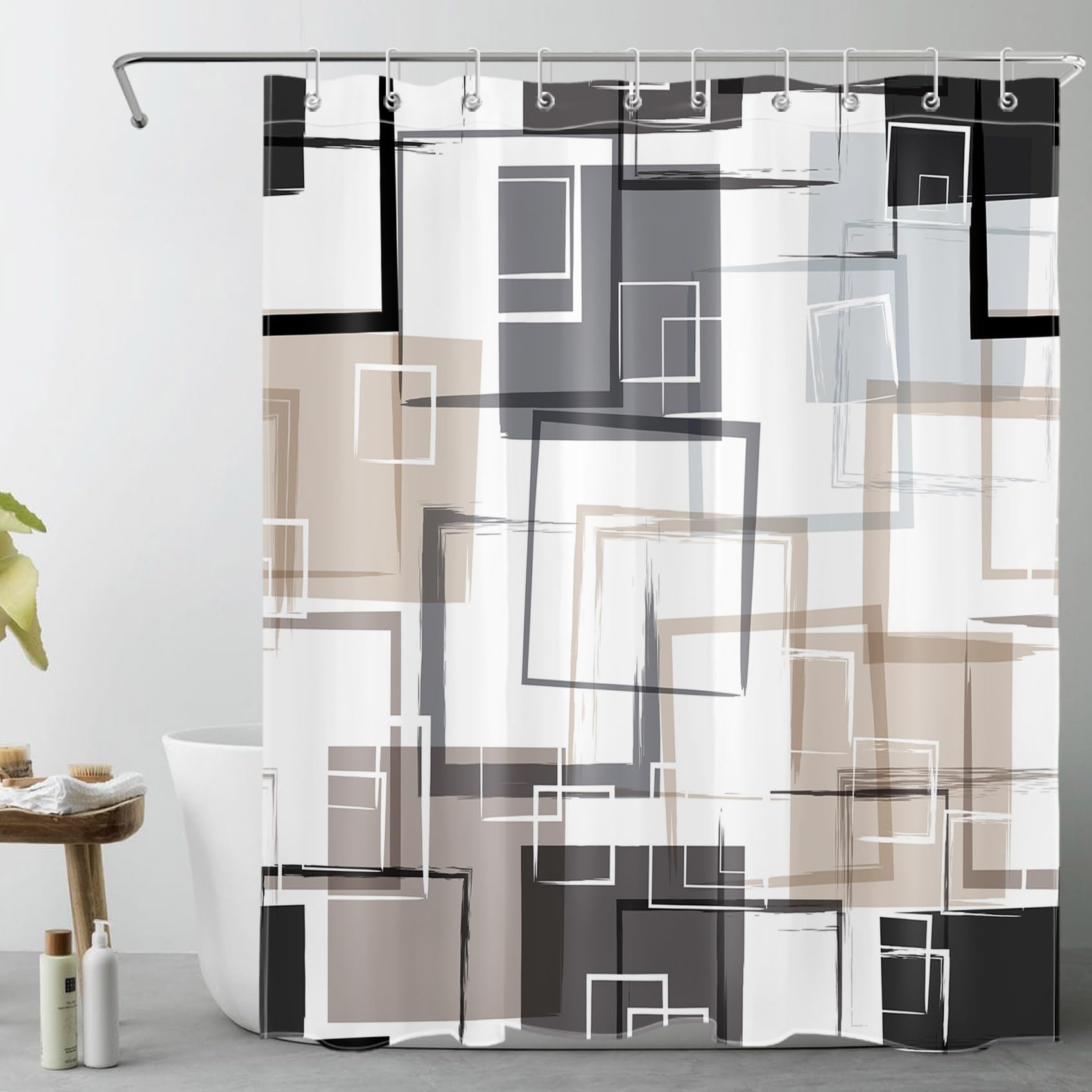 MEUNEAR Black and Tan Geometric Shower Curtain with Hooks, Grey and White Abstract Striped on White Fabric Shower Curtain for Bathroom Decor Modern