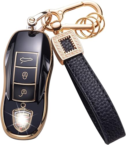 Funda para llavero Porsche con cordón de cuero, funda compatible con Porsche Macan Cayenne Panamera 911 Boxster Cayman 718 Smart Key Protector Holder