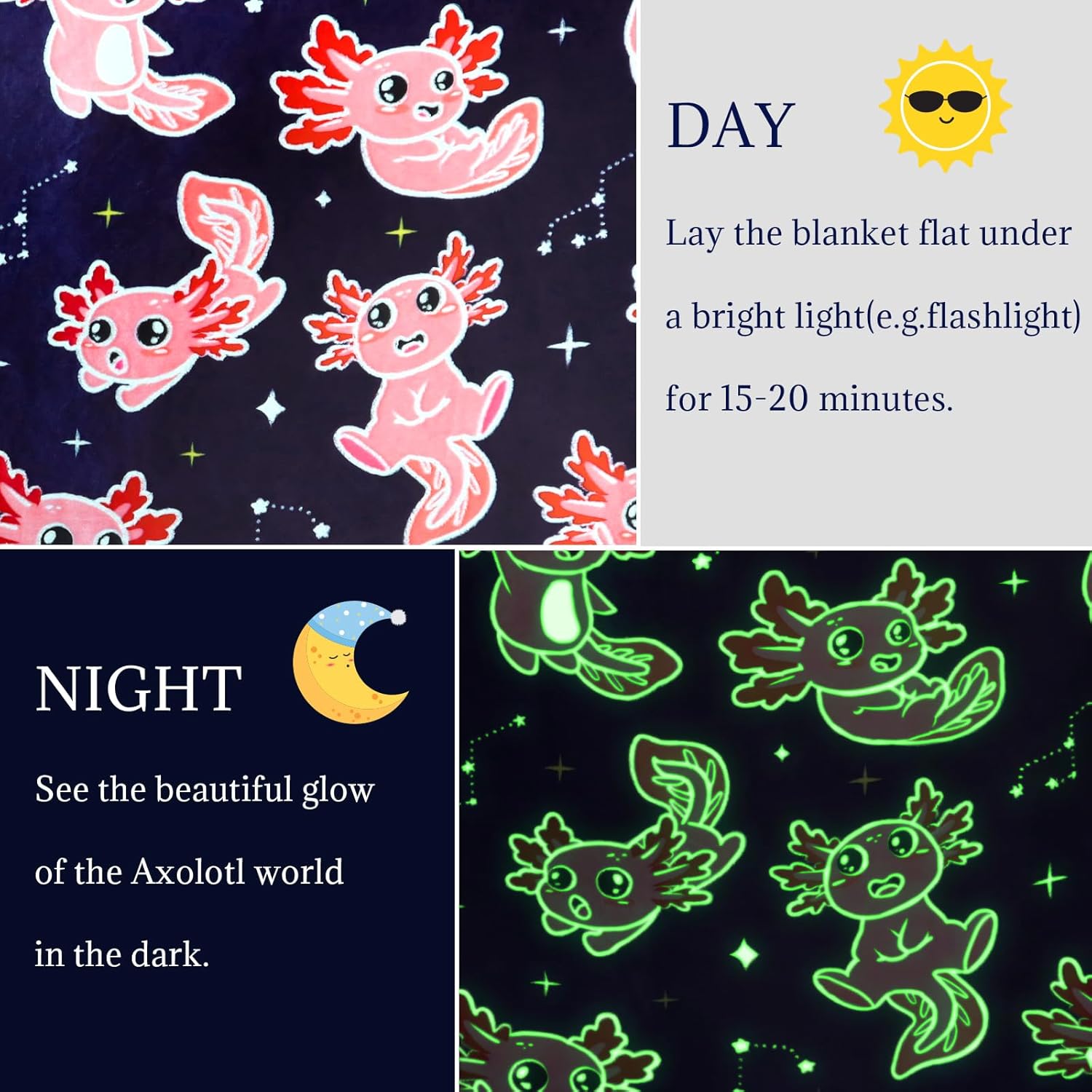 Axolotl Blanket for Girls, Kids & Adults – Soft Cozy Fleece Throw, Cute Axolotl Gifts, Salamander Plush Blanket for Bed, Sofa, Couch, Glow in The Dark Blankets - Image 3