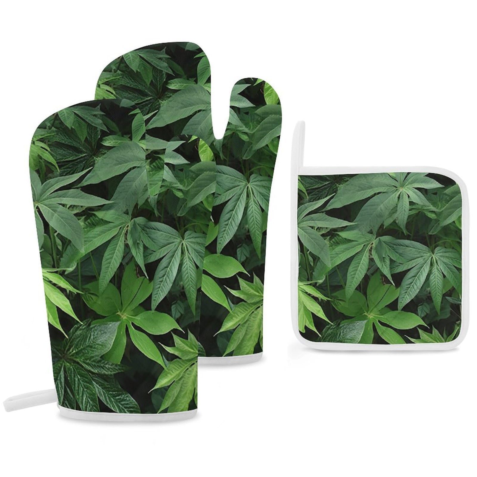 Oven Mitts And Pot Holders Sets of 3 Heat Resistant BBQ Gloves Leaves Plants Oven Mitts Gloves Non-Slip Kitchen Mittens Potholders for Cooking Baking Grilling BBQ Microwave