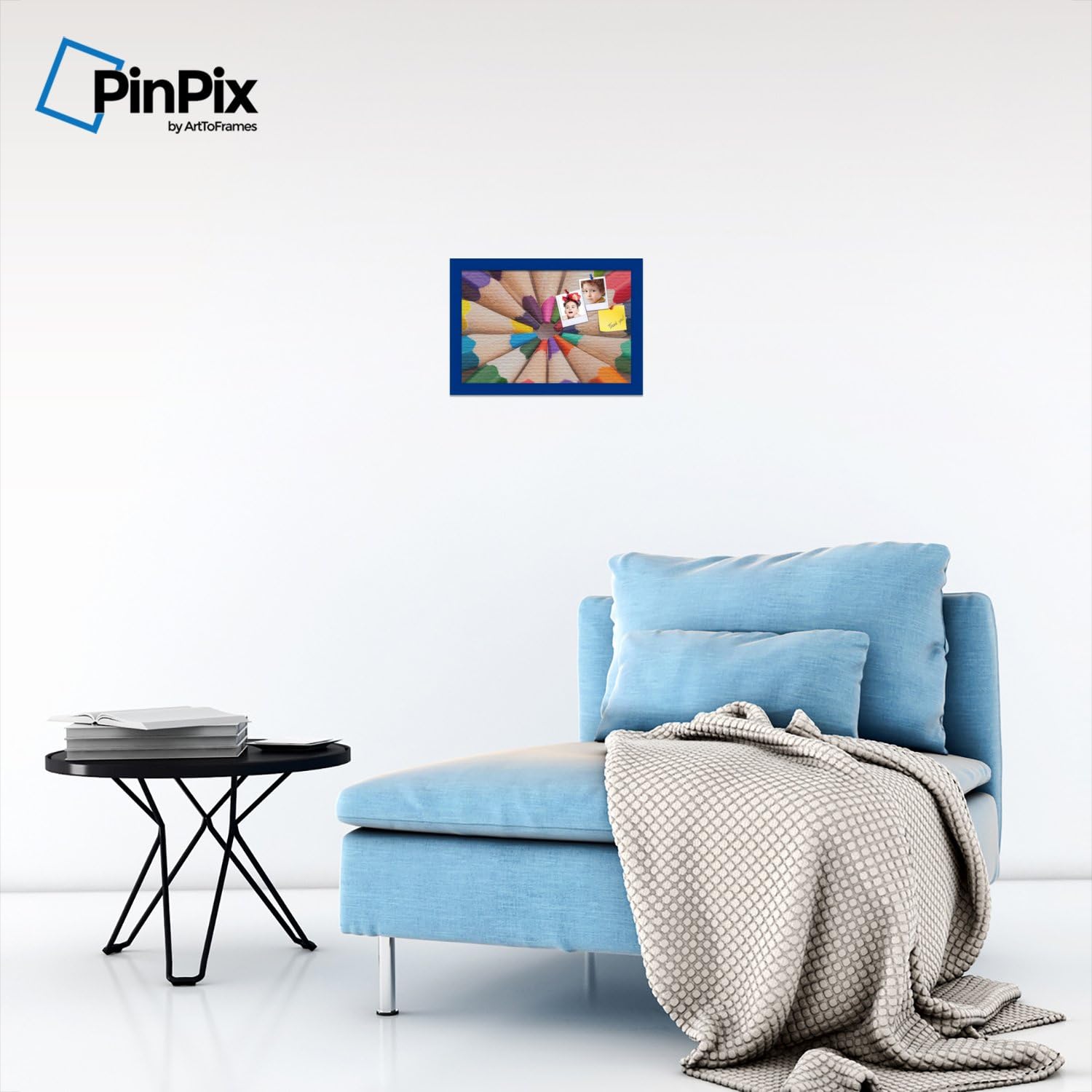 PinPix Custom Printed pin Cork Bulletin Board Made from Canvas, Corlored Pencil Tipping Point 16 x 24 Inches (Completed Size) and Framed in Blue Stain on Beech (PinPix-4)