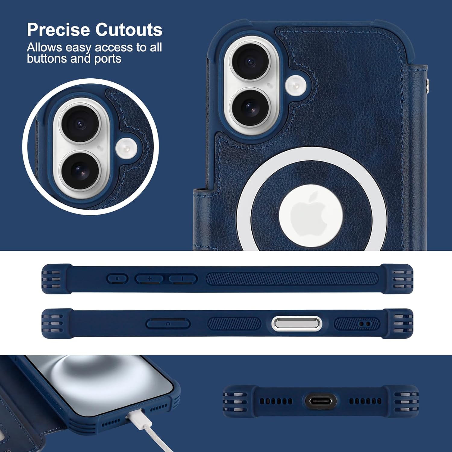 VANAVAGY Compatible for iPhone 16 Wallet Case for Magsafe Wireless Charging, PU Leather Flip Folio Case Wrist Strap [Screen Protector & Camera Lens Cover] with RFID Blocking Card Holder,Navy Blue