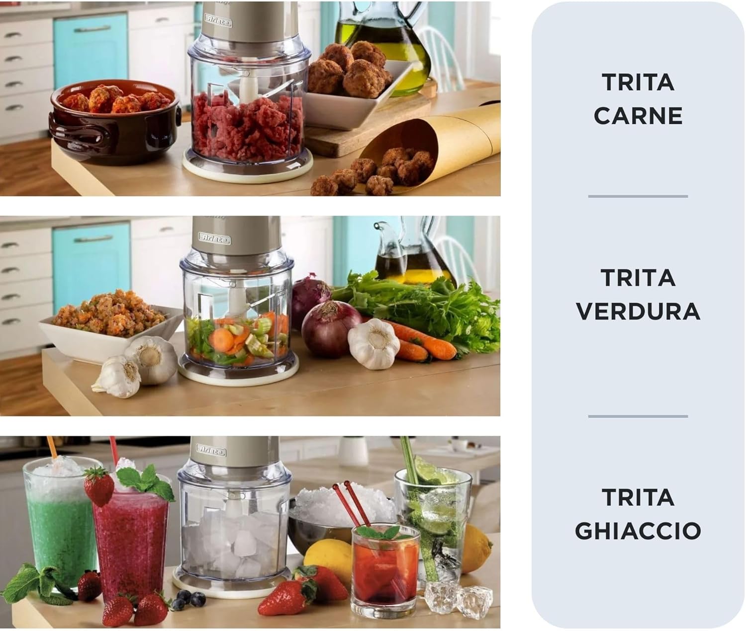 Ariete Vintage Chopper demonstrating chopping meat, vegetables, and ice