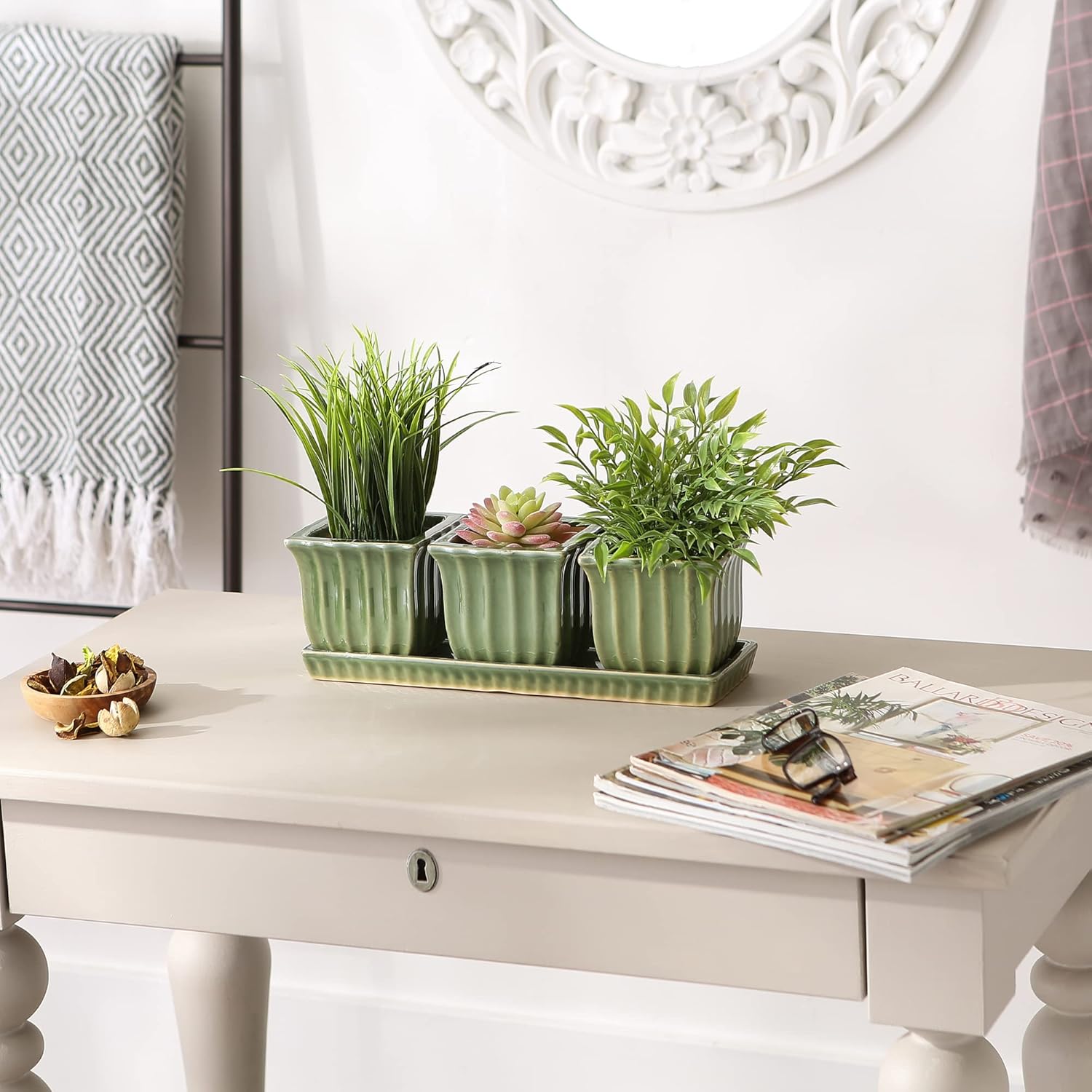 DII Ceramic Planter Collection Herb Pot Set, Green Square, 12x4x4