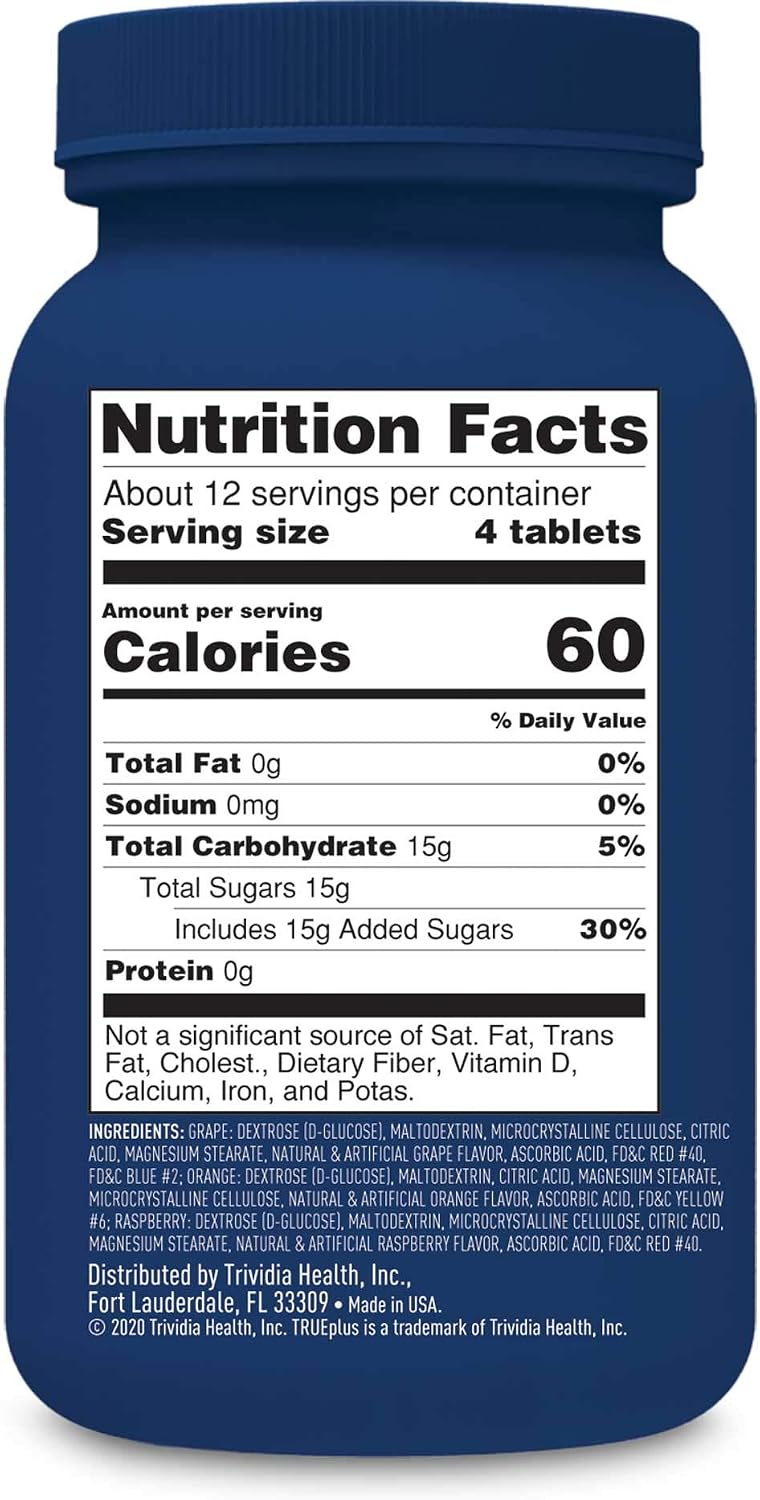 TRUEplus® Glucose Tablets, Assorted Flavor (Grape, Raspberry, Orange) - 50ct Bottle (1)