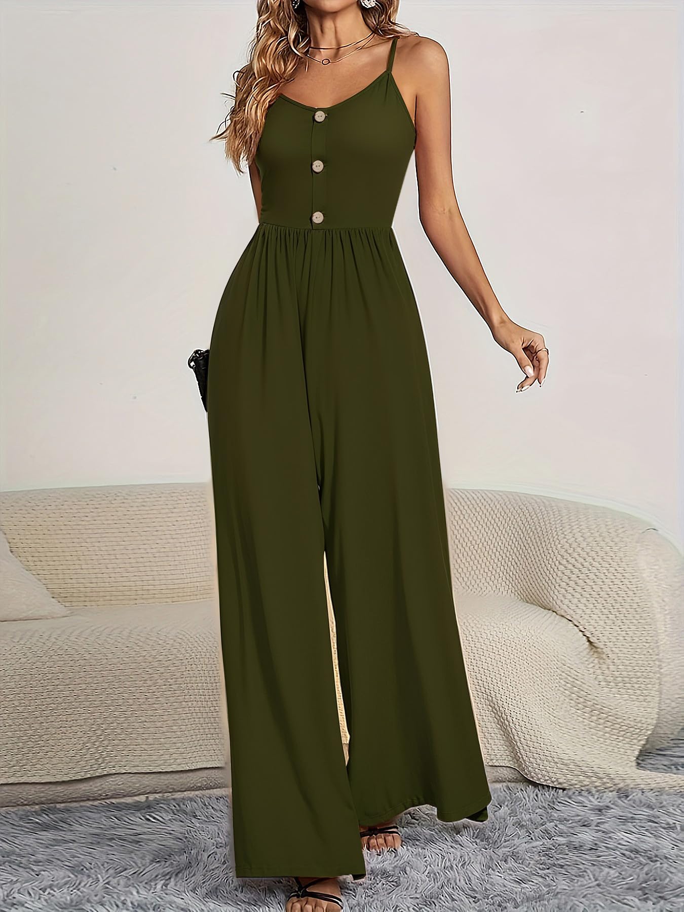 Women’s Sleeveless Spaghetti Strap Jumpsuit Button Front Elastic Waist Wide Leg Romper One Piece Outfit For Casual Daily Wear