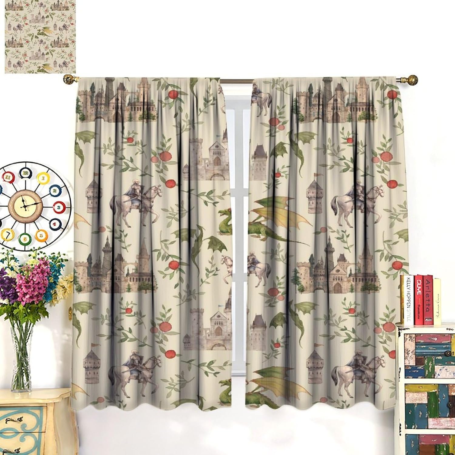 Dragon Blackout Curtains, Medieval Magical Castle Knights Art Printed Window Drapes for Bedroom Living Room Kitchen Decor Fabric 2 Panels 42x45 Inch 80% Shading Rate