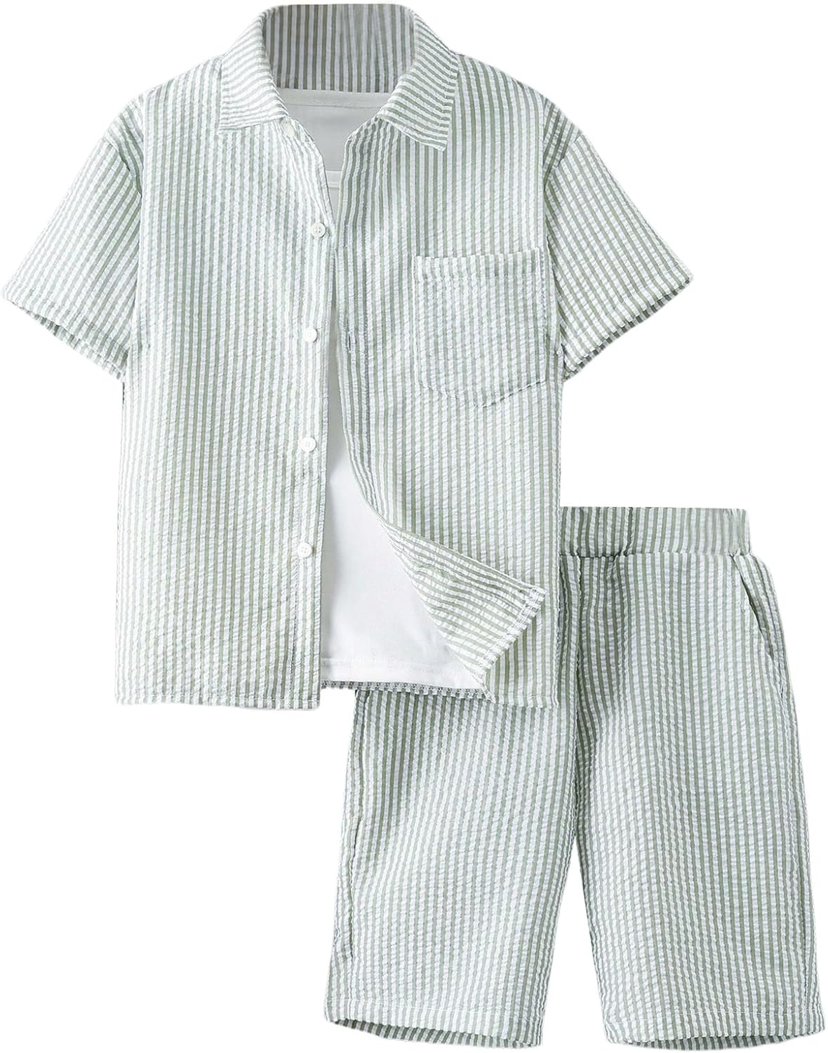 Boy's 2 Piece Beach Vacation Textured Linen Outfit Short Sleeve Button Down Shirt Top and Shorts Summer Set