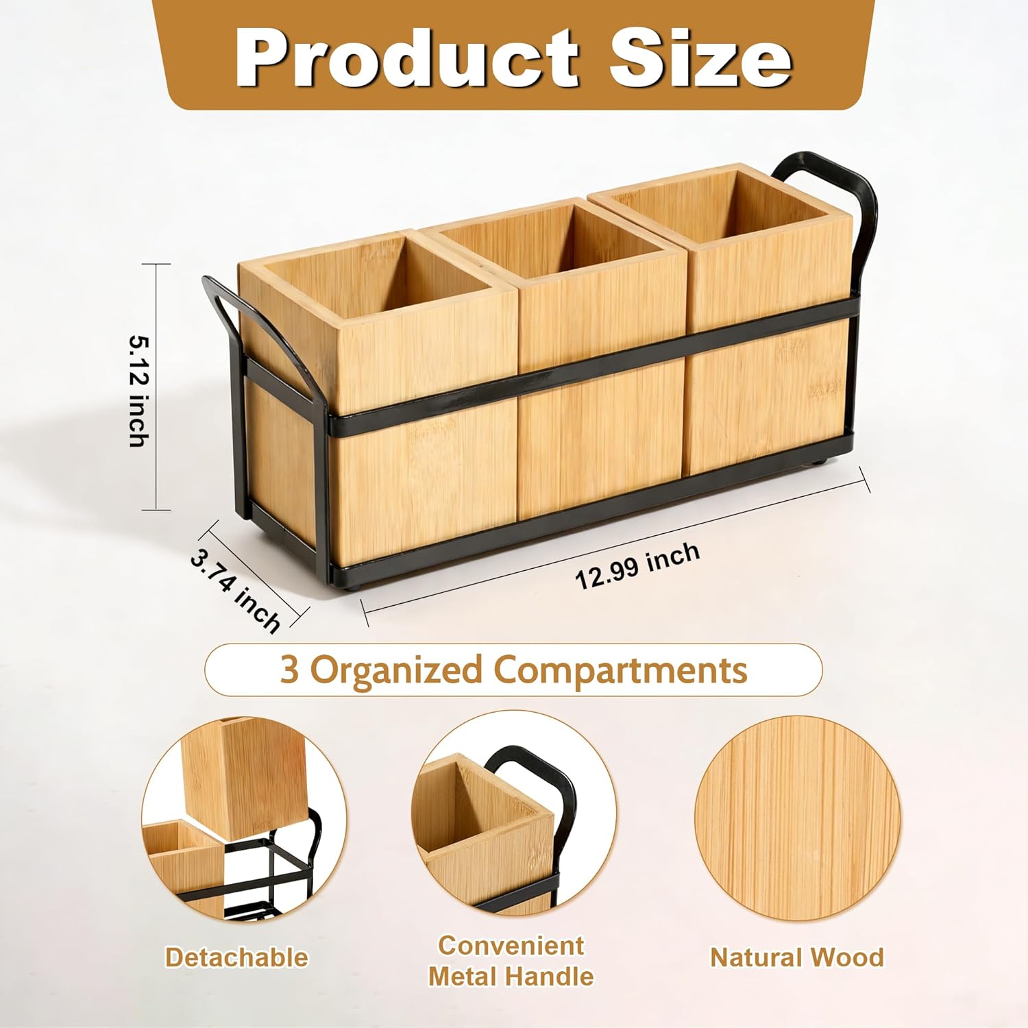 Utensil Holder for Kitchen Countertop, 3 Compartments Detachable Utensils Caddy, Large Wooden Utensils Organizer for Silverware, Spatula, Fork, Knife, Cutlery Storage, Counter Cooking Utensil Crock