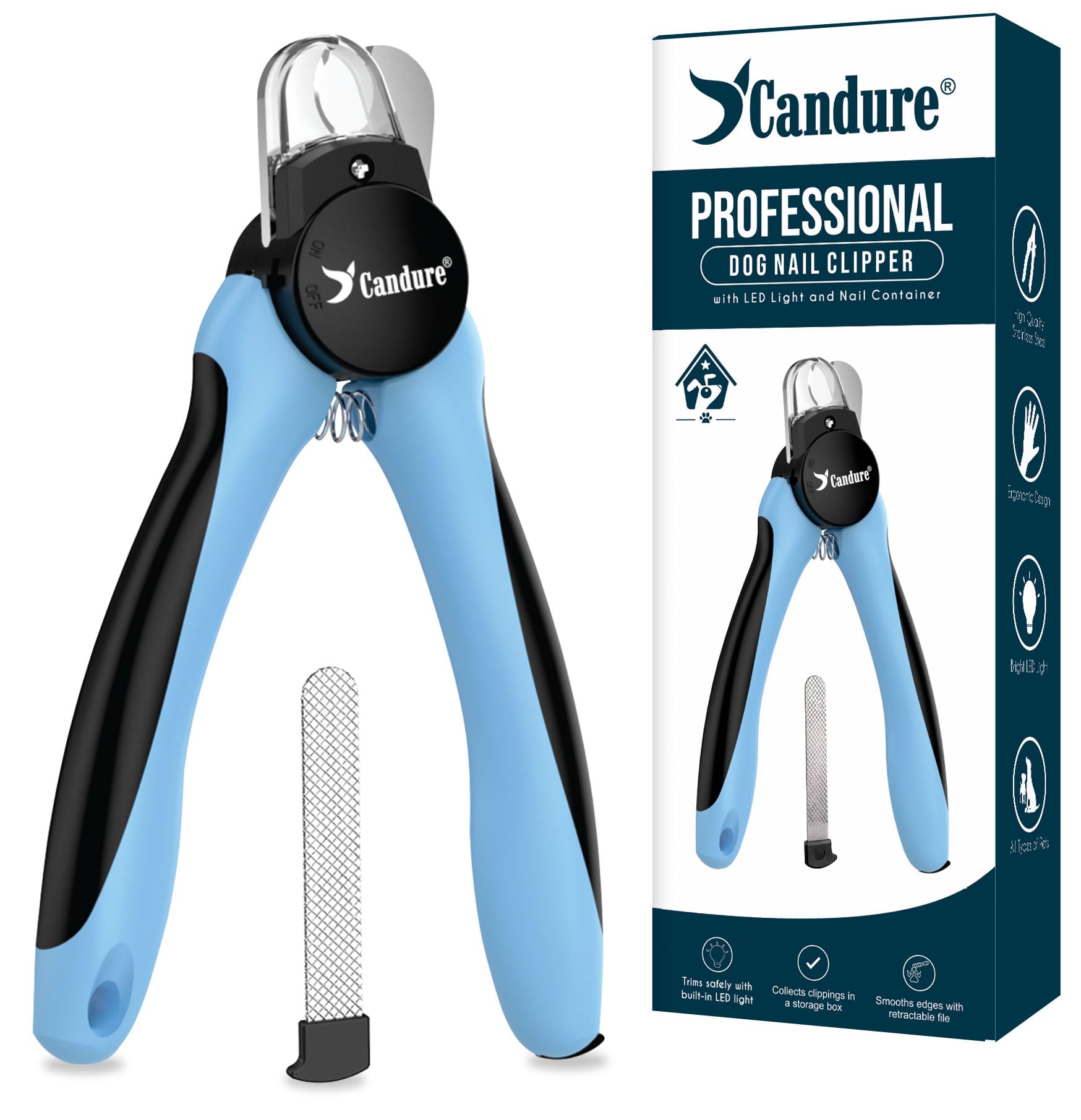 Candure Krallenschere für Hunde mit Licht – beleuchtet die Nagelblutlinie für sicheres Trimmen, mit scharfer Klinge und Schnellverschluss-Schutz für dicke Nägel