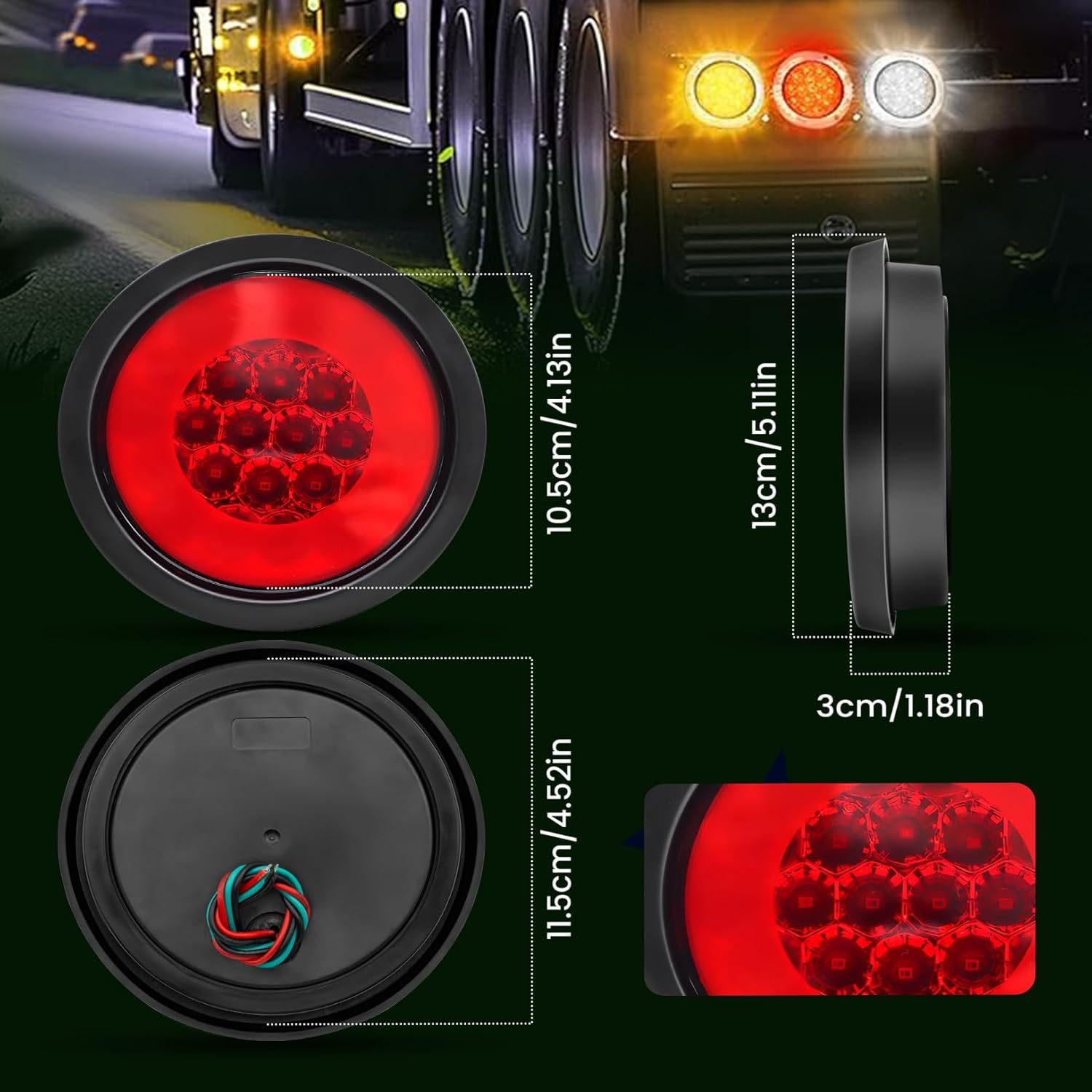 Ourbest 4 Inch Round Led Trailer Tail Lights Kit, 24led Trailer Lights 12V 24V Brake Indicator Running Lamp/Turn Signal Stop Lights/Back-up Reverse Lights Red 2Pcs