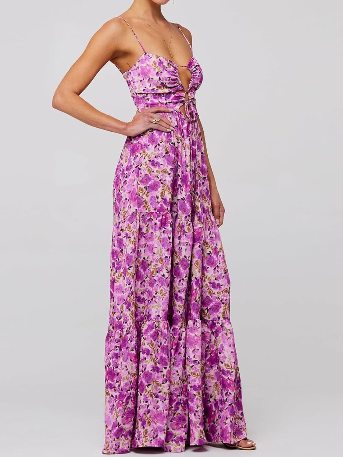 Womens Summer Floral Spaghetti Strap Backless Low Cut Smocked Milkmaid Flowy Beach Sundresses - Image 4