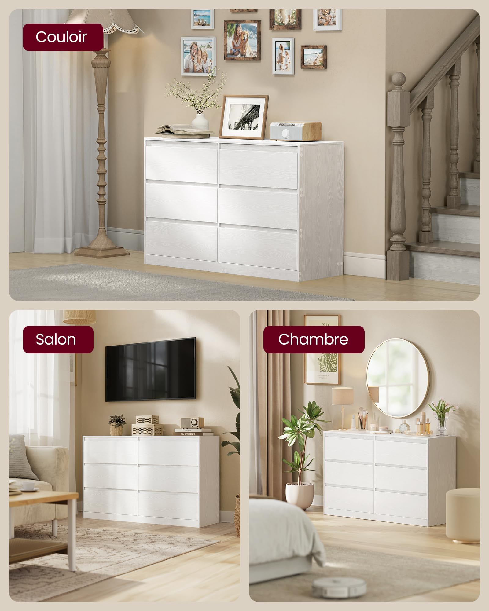 VASAGLE Kailyn Collection - Commode Chambre 6 Tiroirs, Armoire de Rangement, Meuble à Vêtements, 40 x 119,4 x 75 cm, Style Moderne, Blanc Neige LTS616W01