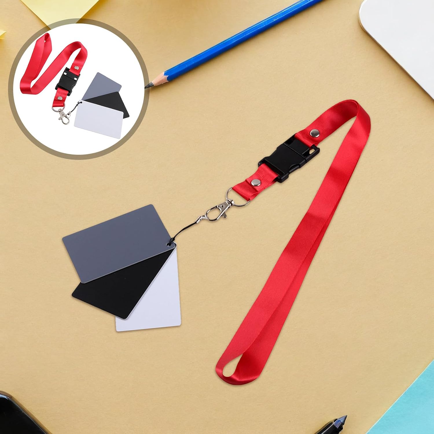 2pcs Photography Grey Cards with Adjustable Lanyard Strap, Black White Grey Exposure Balance Checker for Camera and Video Calibration