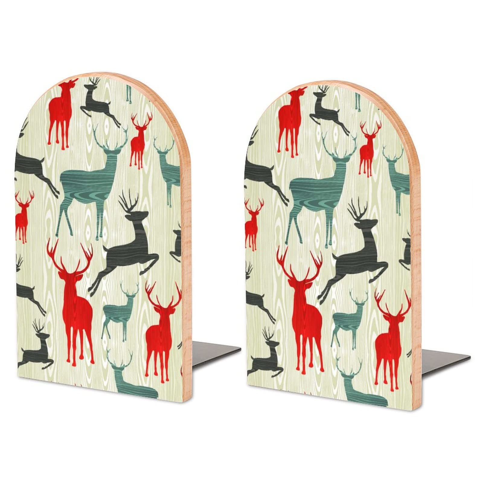 Djngn As Pic Reindeer Silhouette Wood Book Ends Non-Slip Book Holder Large Bookends Organizer For Office Home Desk Shelves