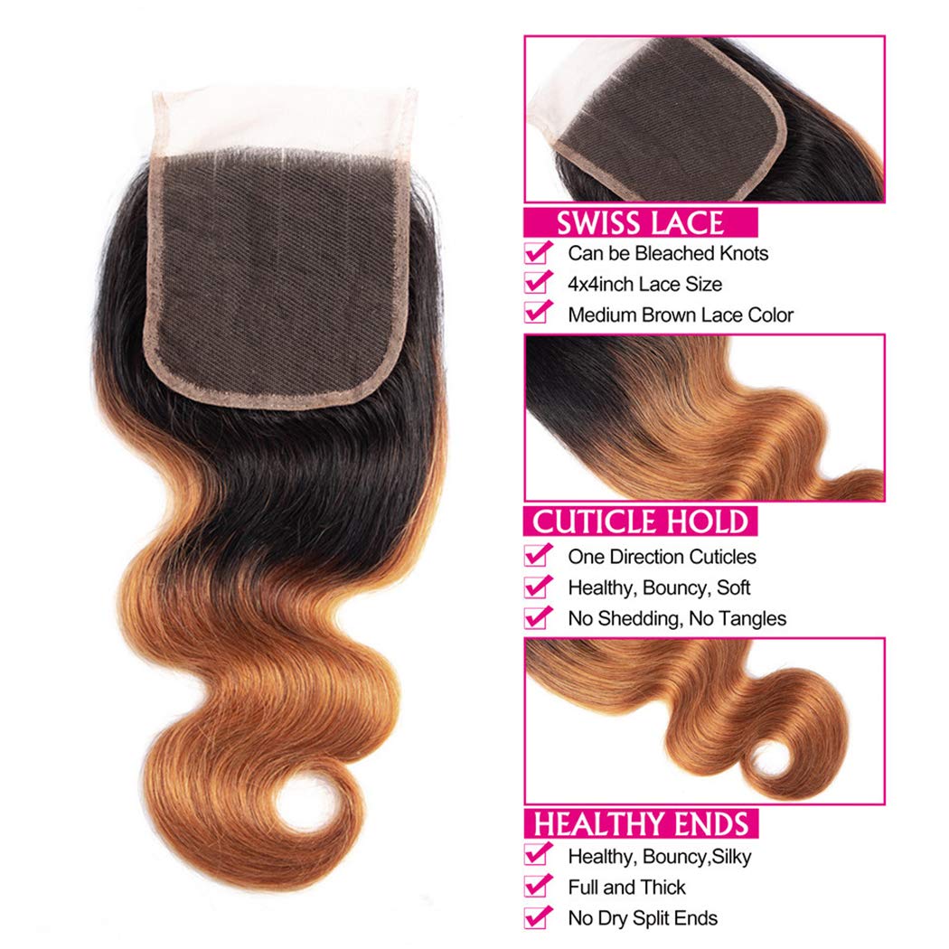 1B/30 Closure 4x4 HD Transparent Swiss Lace Ombre Closure Body Wave Human hair With Baby Hair Pre Plucked 150% Density Soft Remy Brazilian Virgin Hair 14 Inch Color #1B/30