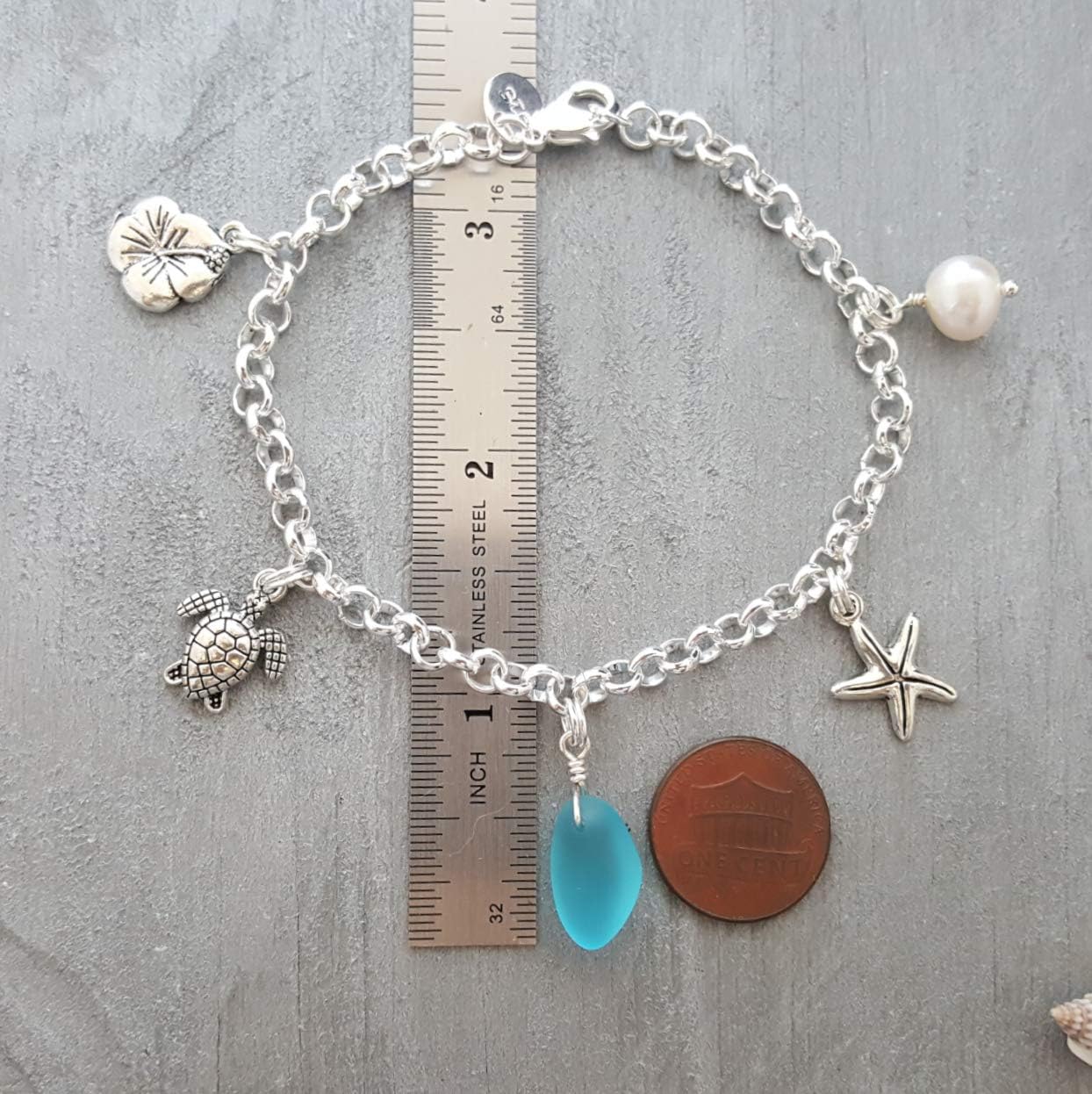 Handmade blue sea glass chain style bracelet, starfish charm, Natural pearl, (Hawaii Gift Wrapped, Customizable Gift Message)