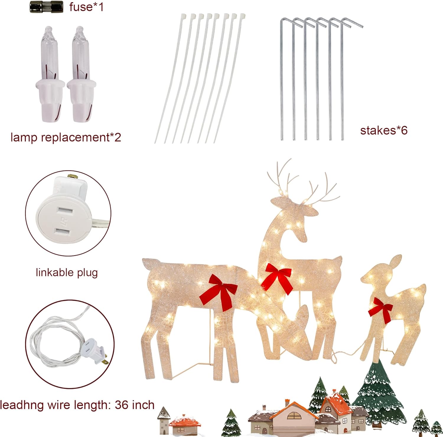 Joliyoou Christmas Yard Decoration, Set of 3 Pre-lit 2D Light Up Tinsel Family for Xmas Holiday Front Door Indoor Outdoor Decor (Reindeer Family)