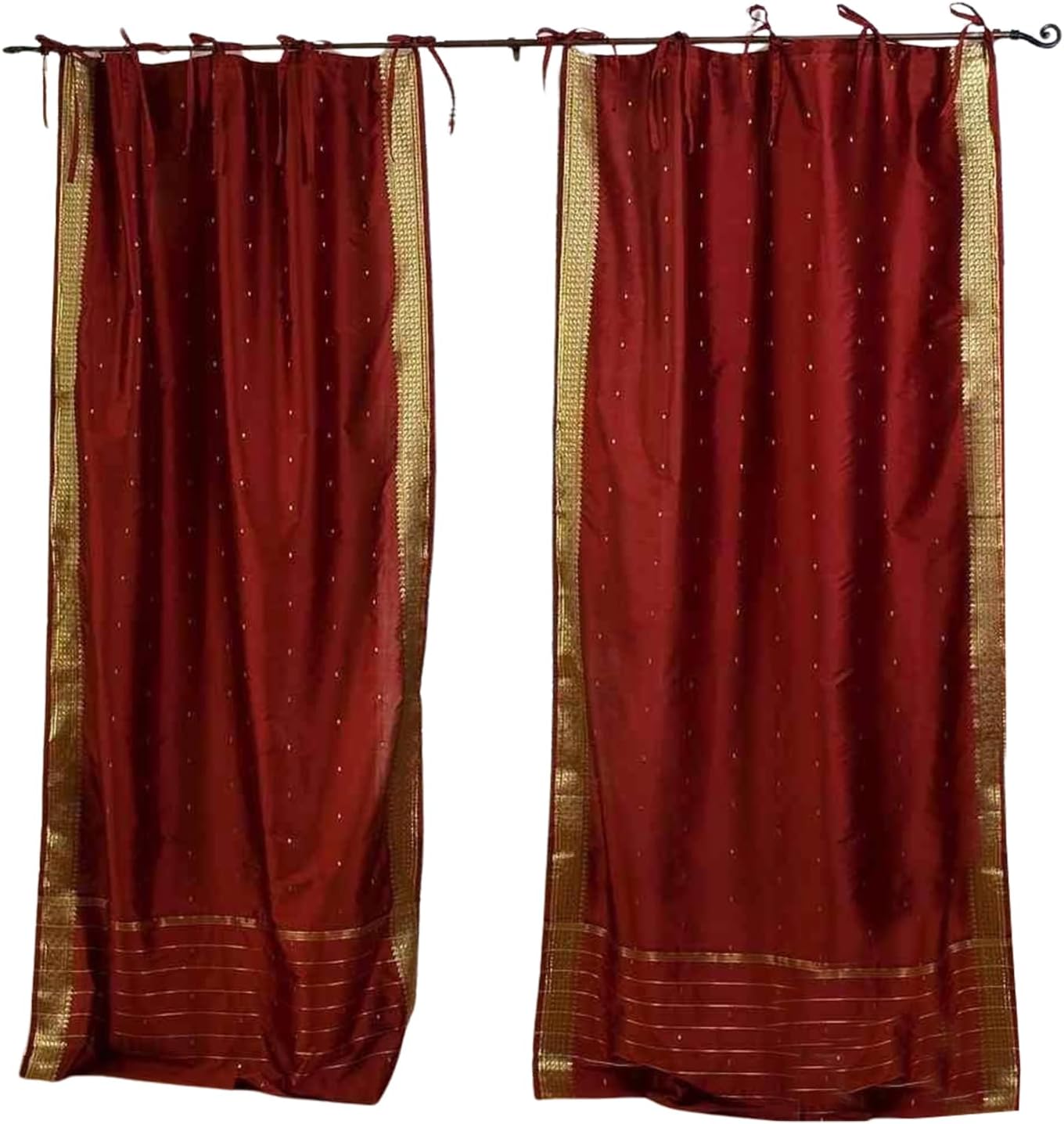 Handcrafted Rust Indian Sari Curtains, Tiebacks Included Lined Tie Top Sari Sheer Curtains, 43" W x 24" L, Privacy & Insulation for Living Rooms, Bedrooms, and Dining Rooms, Sold in Pairs