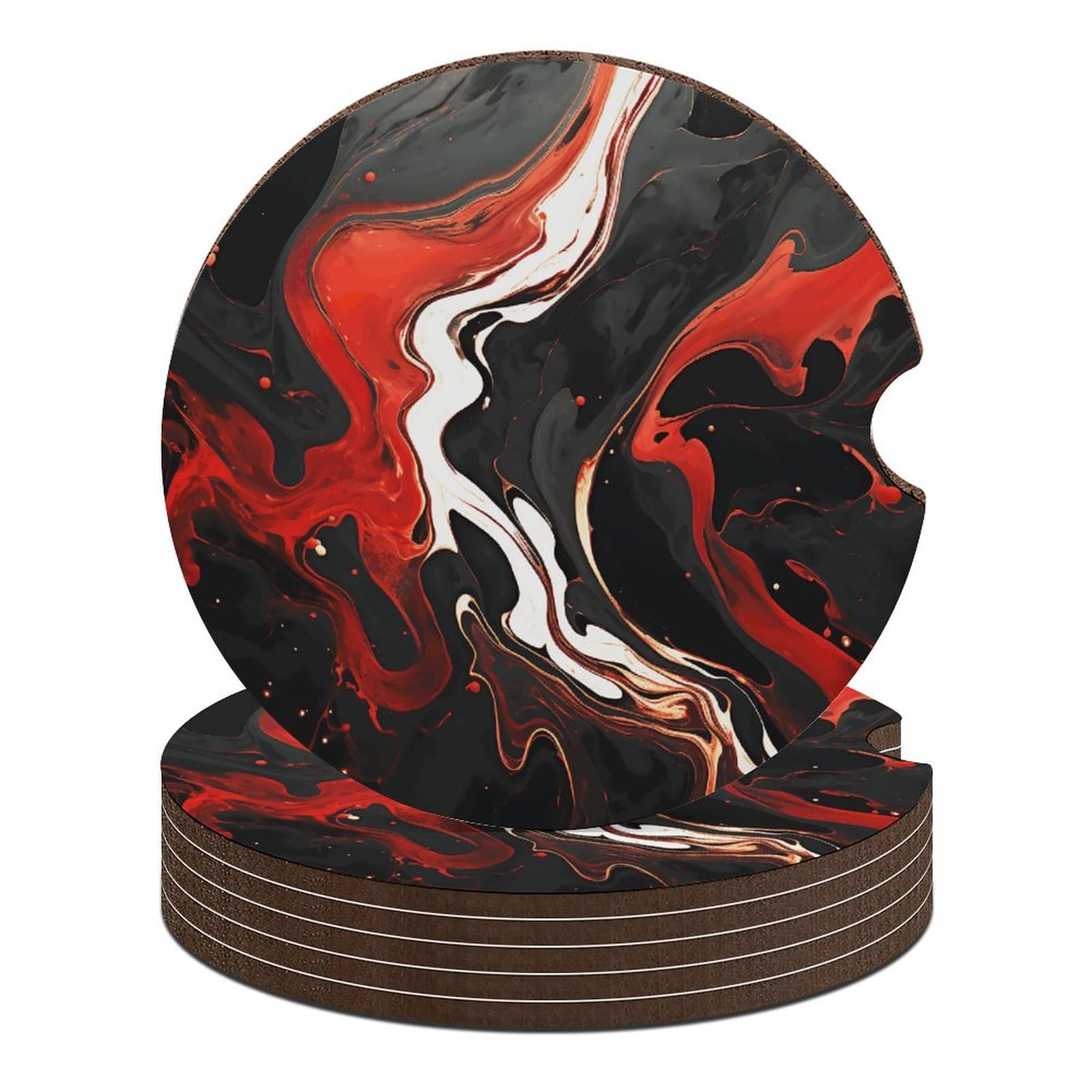 Dessous de verre pour voiture en marbre noir et rouge 6,6 cm - Lot de 6 antidérapants universels