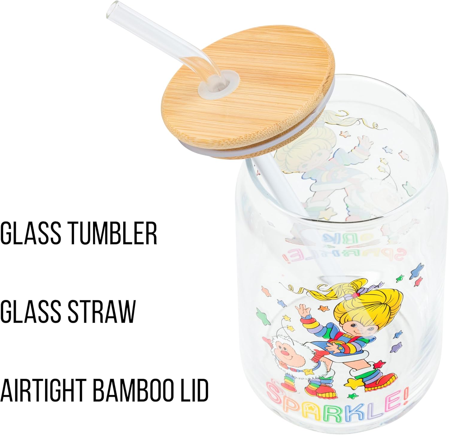 Silver Buffalo Rainbow Brite Stars Sparkle Featuring Twink Glass Jar Tumbler with Bamboo Lid and Glass Straw, 16 Ounces - Image 4