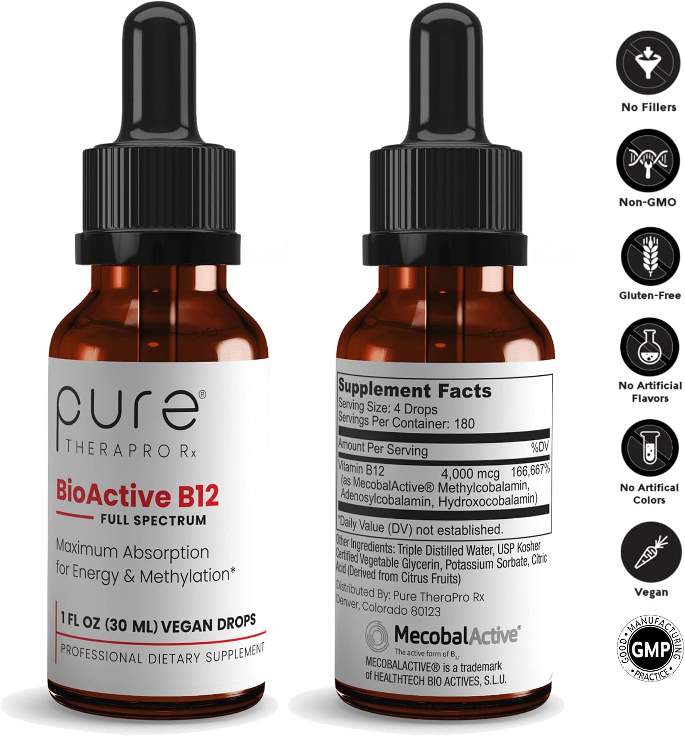 BioActive Vegan Vitamin B12 Sublingual Liquid Supplement (4 Drops a Day for a 180-Day Supply) - B12 Liquid Vitamin Drops with Hydroxocobalamin, Adenosylcobalamin & Methylcobalamin 1,000 mcg per Drop