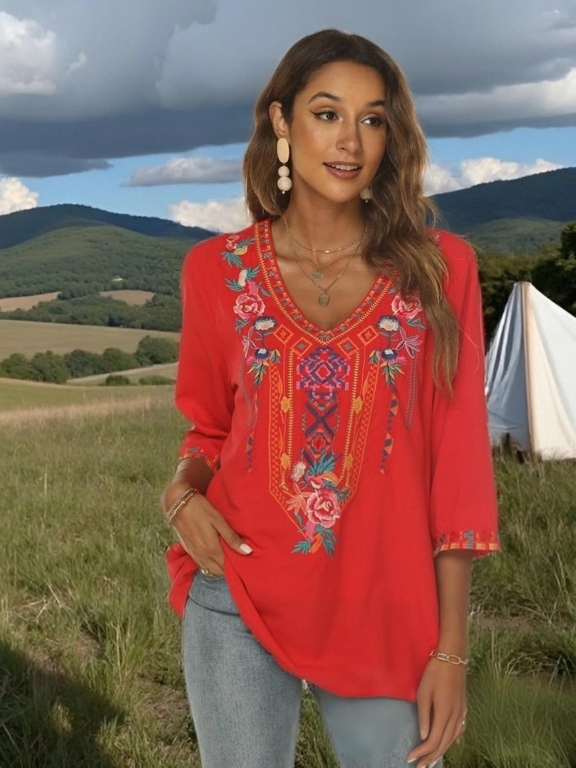 LauraKlein Women's Summer Boho Embroidery Mexican Bohemian Tops V Neck 3/4 Sleeve Causal Loose Shirt Blouse Tunic - Image 6